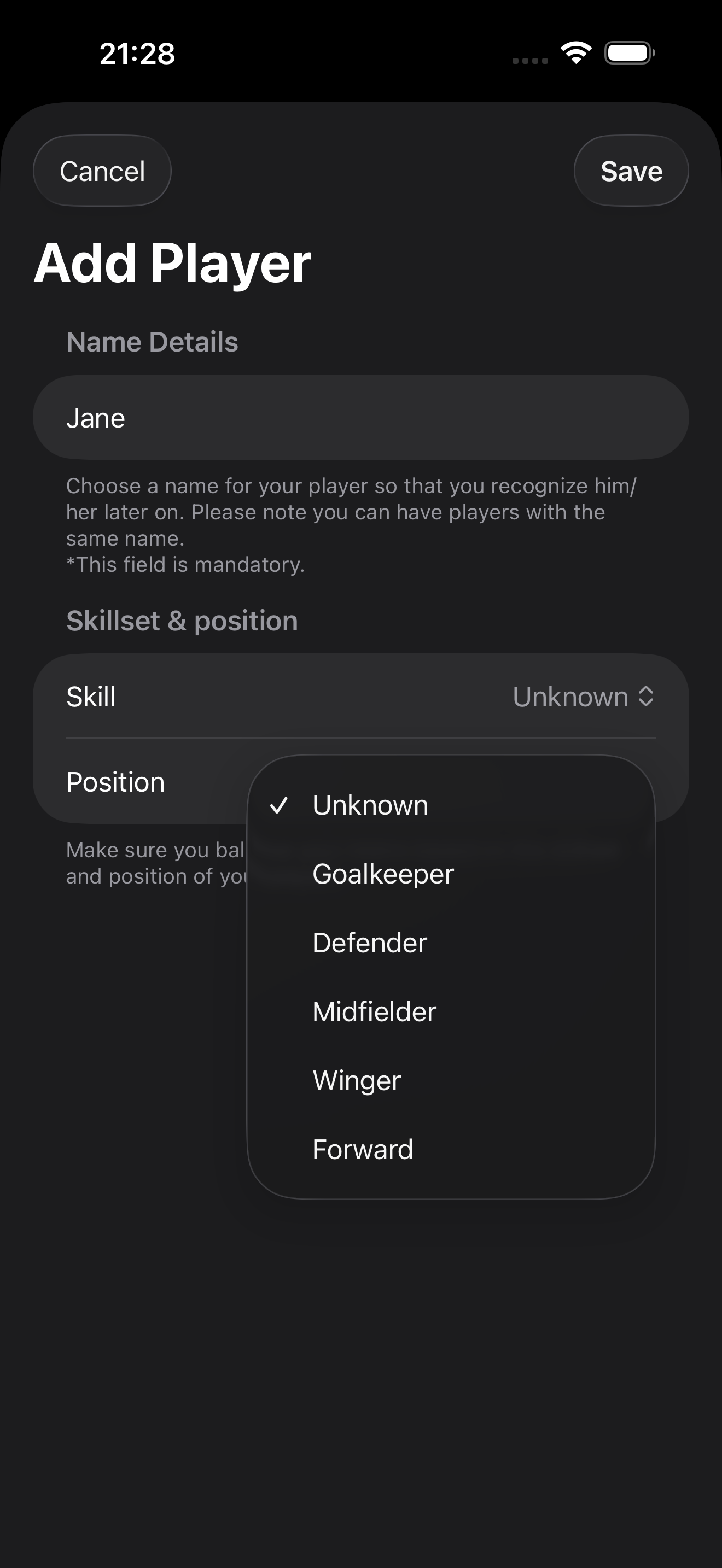 Add player screen with skill and position options